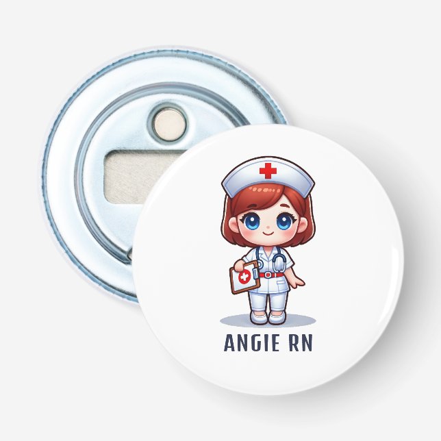 Cute Manga Redhead Nurse Caricature Personalised Bottle Opener (Front)