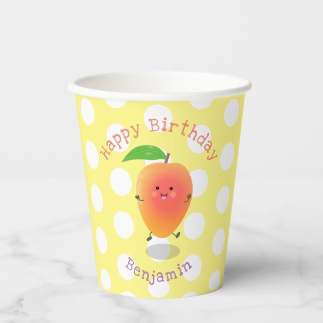 Cute mango yellow personalised cartoon birthday paper cups (Front)