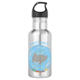 Cute manta ray and bubbles cartoon illustration 532 ml water bottle