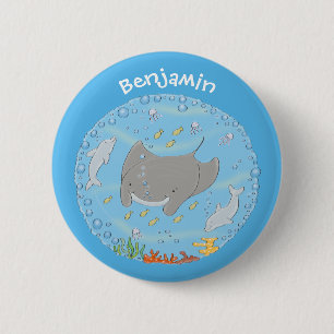 Cute manta ray and bubbles cartoon illustration 6 cm round badge