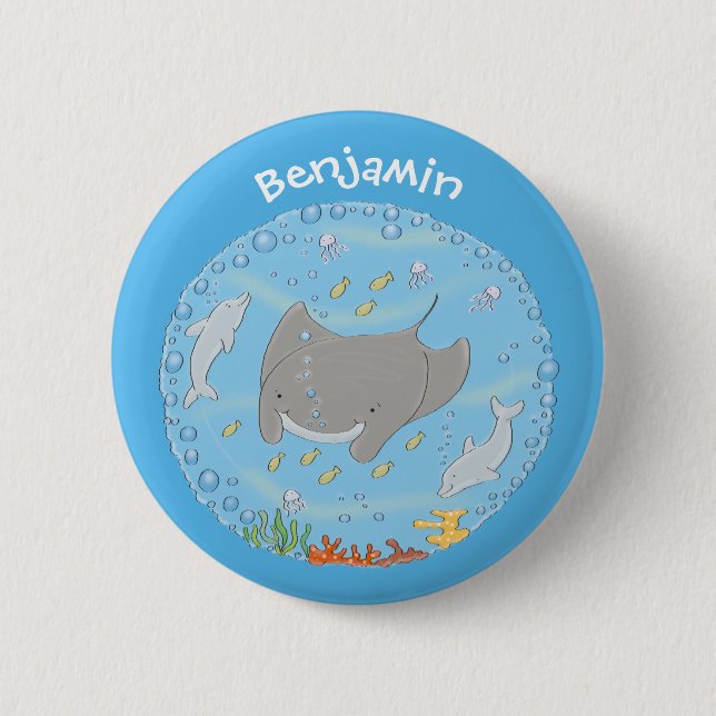 Cute manta ray and bubbles cartoon illustration 6 cm round badge (Front)