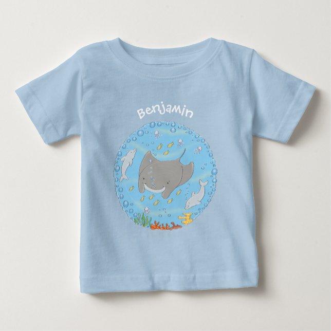 Cute manta ray and bubbles cartoon illustration baby T-Shirt (Front)