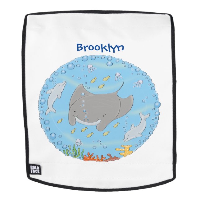 Cute manta ray and bubbles cartoon illustration backpack (Removable Face)