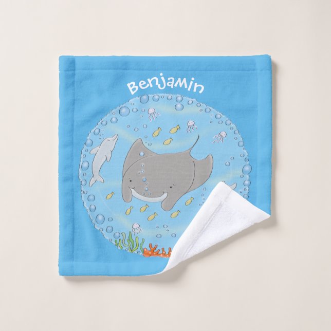Cute manta ray and bubbles cartoon illustration bath towel set (Wash Cloth)