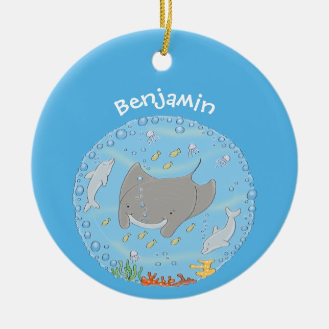 Cute manta ray and bubbles cartoon illustration ceramic tree decoration (Front)