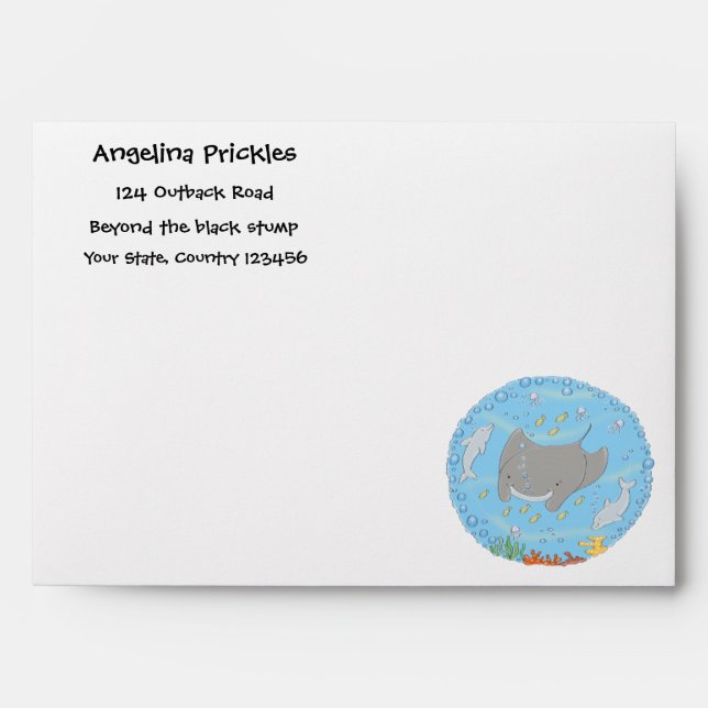 Cute manta ray and bubbles cartoon illustration envelope (Front)