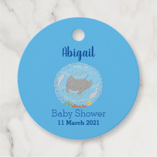 Cute manta ray and bubbles cartoon illustration  favour tags
