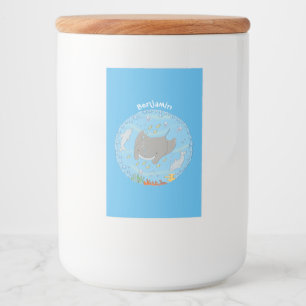 Cute manta ray and bubbles cartoon illustration food label