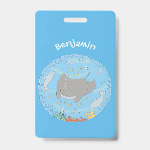 Cute manta ray and bubbles cartoon illustration ID badge