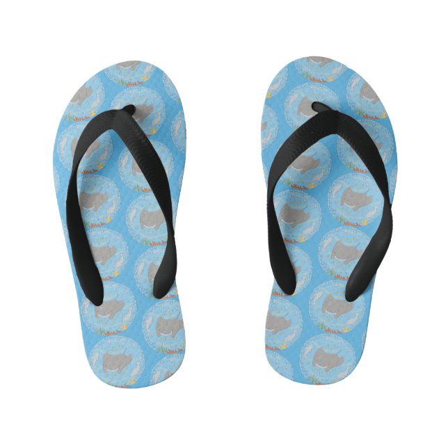 Cute manta ray and bubbles cartoon illustration kid's jandals (Footbed)