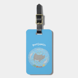 Cute manta ray and bubbles cartoon illustration luggage tag