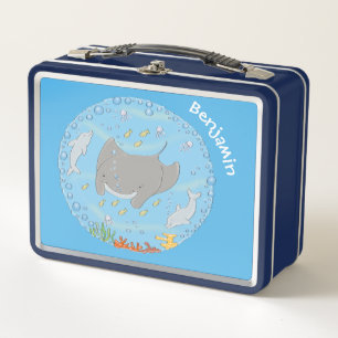 Cute manta ray and bubbles cartoon illustration metal lunch box