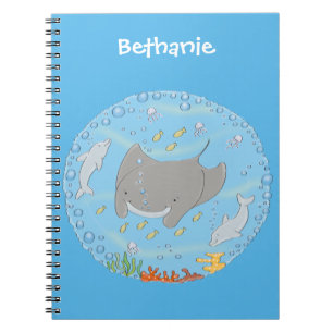 Cute manta ray and bubbles cartoon illustration notebook