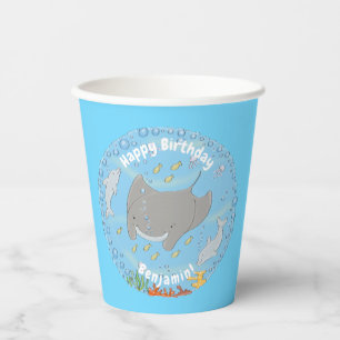 Cute manta ray and bubbles cartoon illustration paper cups