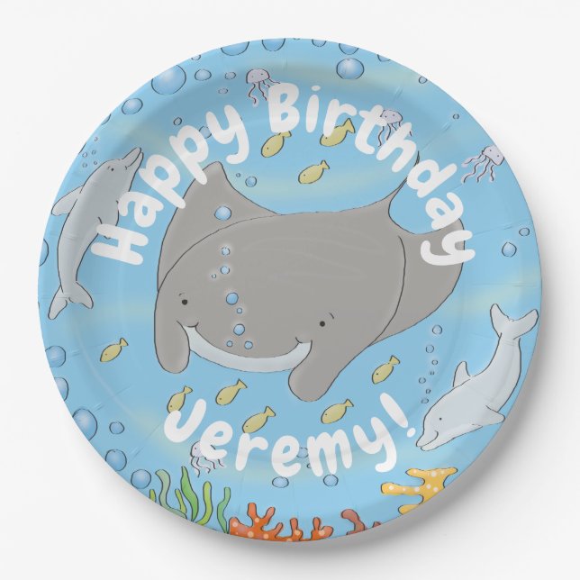 Cute manta ray and bubbles cartoon illustration paper plate (Front)