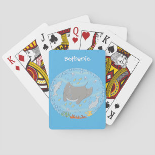Cute manta ray and bubbles cartoon illustration playing cards