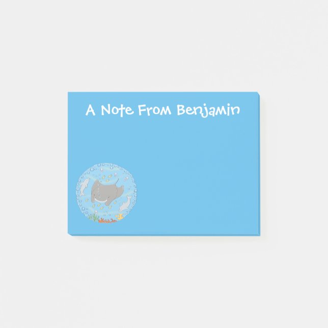 Cute manta ray and bubbles cartoon illustration post-it notes (Front)
