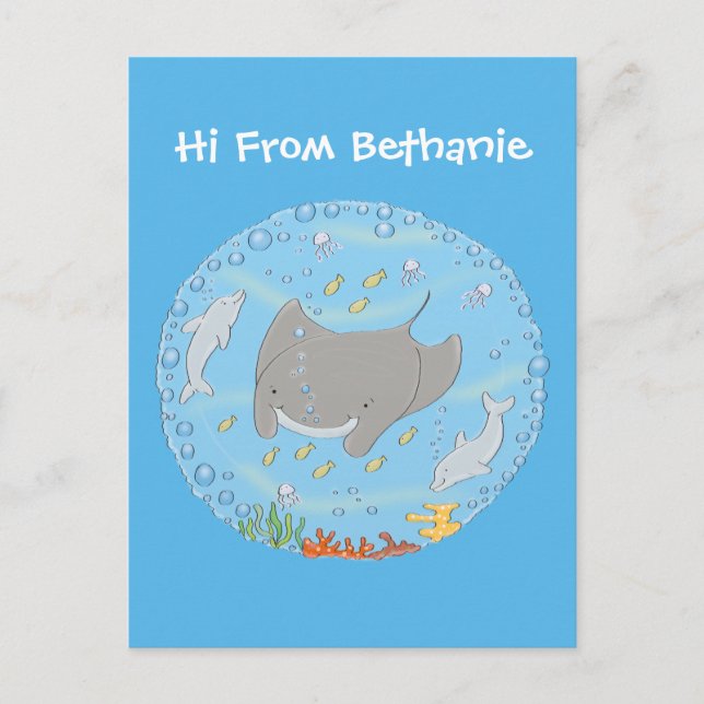 Cute manta ray and bubbles cartoon illustration postcard (Front)