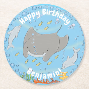 Cute manta ray and bubbles cartoon illustration round paper coaster