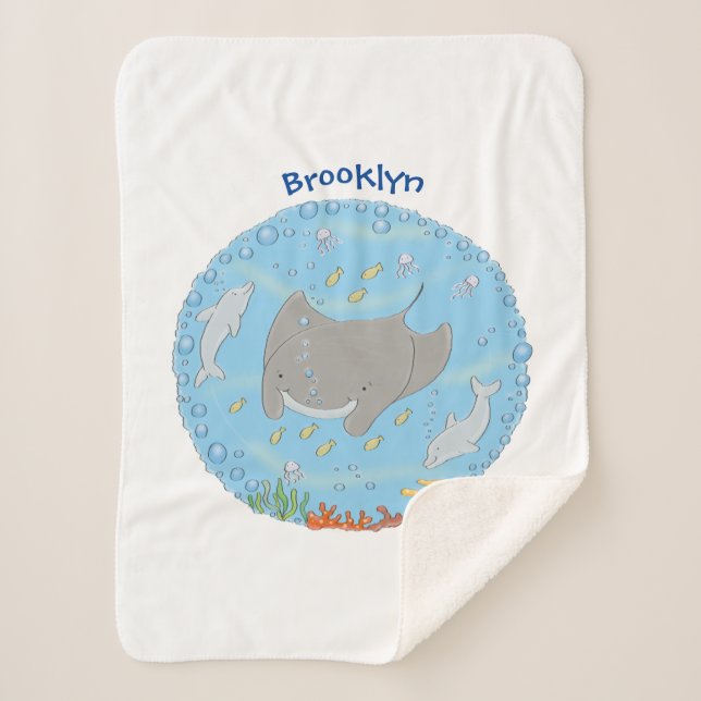 Cute manta ray and bubbles cartoon illustration  sherpa blanket (Front)