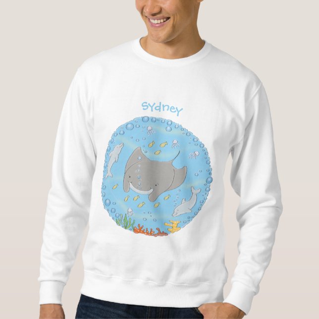 Cute manta ray and bubbles cartoon illustration sweatshirt (Front)