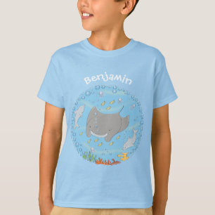 Cute manta ray and bubbles cartoon illustration T-Shirt