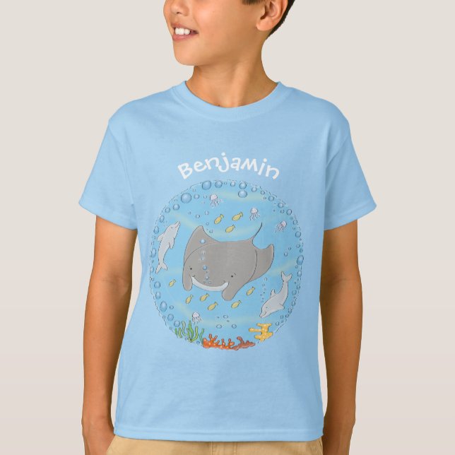 Cute manta ray and bubbles cartoon illustration T-Shirt (Front)