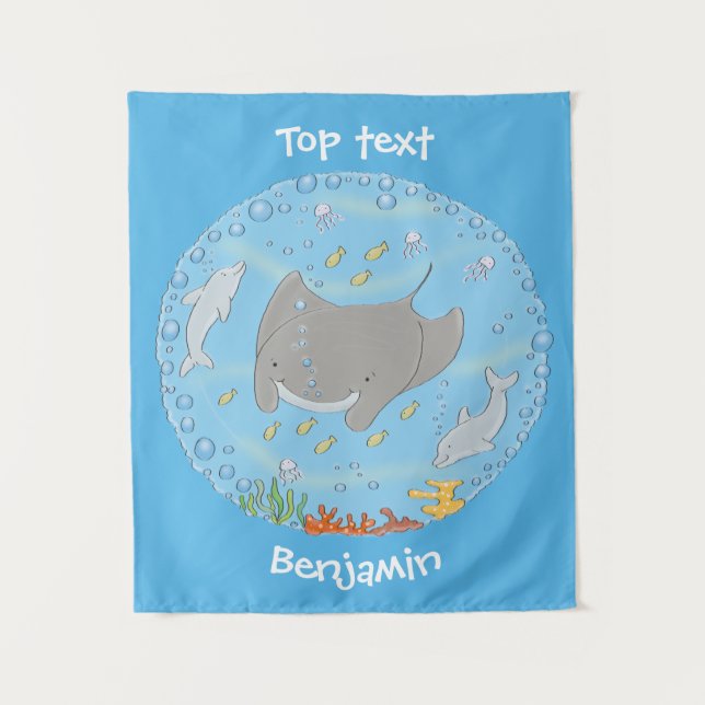 Cute manta ray and bubbles cartoon illustration tapestry (Front)