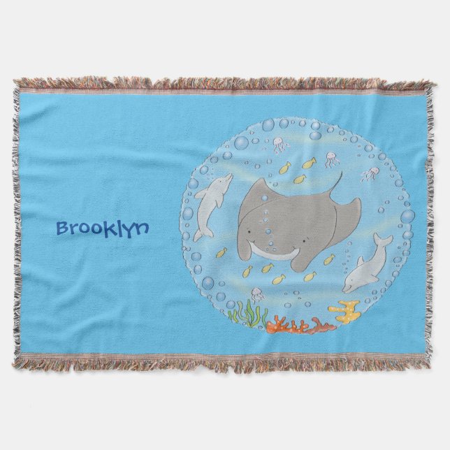 Cute manta ray and bubbles cartoon illustration throw blanket (Front)