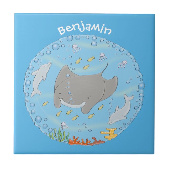 Cute manta ray and bubbles cartoon illustration tile (Front)