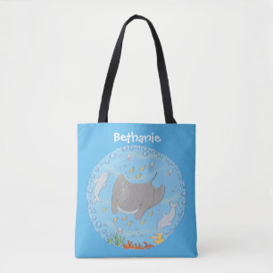 Cute manta ray and bubbles cartoon illustration tote bag