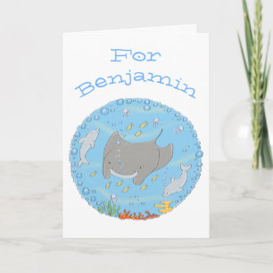 Cute manta ray and dolphins cartoon illustration card