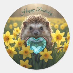 Cute March Hedgehog with Aquamarine Heart Classic Round Sticker