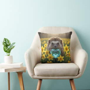 Cute March Hedgehog with Aquamarine Heart Cushion