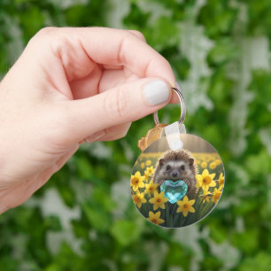 Cute March Hedgehog with Aquamarine Heart Key Ring