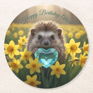 Cute March Hedgehog with Aquamarine Heart Round Paper Coaster