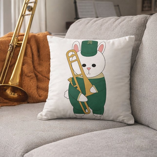Cute Marching Bunny Trombone Player Cartoon Green  Cushion (A throw pillow with a cute bunny holding a trombone in a green and gold marching band uniform.)