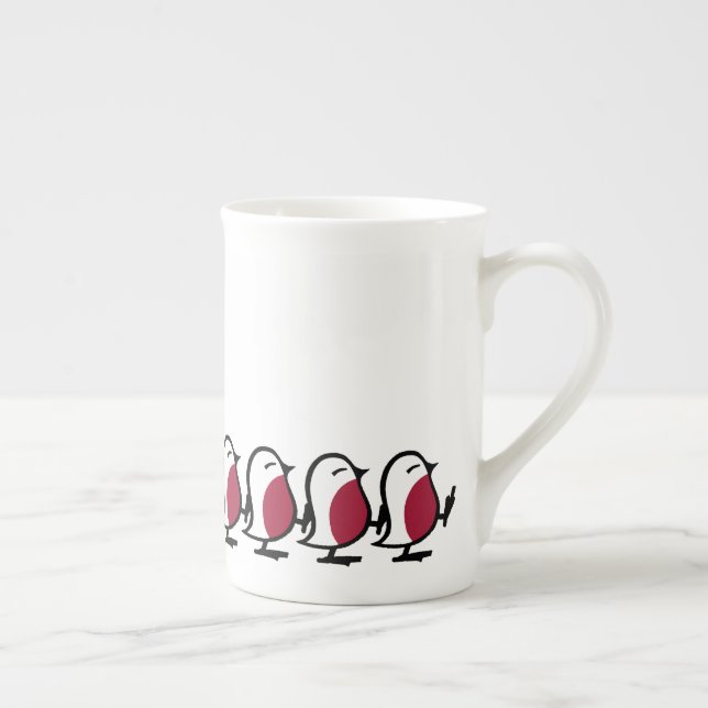 Cute Marching Robins Simple Bird Line Drawing Bone China Mug (Right)