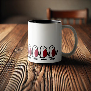 Cute Marching Robins Simple Bird Line Drawing Two-Tone Coffee Mug