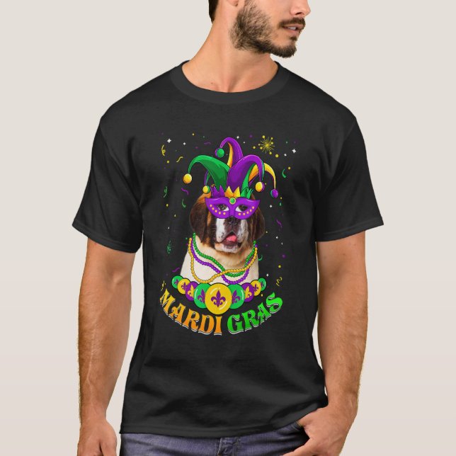 Cute Mardi Gras Bernard Dog Dad Dog Mom Mask Beads T-Shirt (Front)