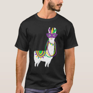 Cute Mardi Gras Llama With Beads Mask Men Women Ma T-Shirt