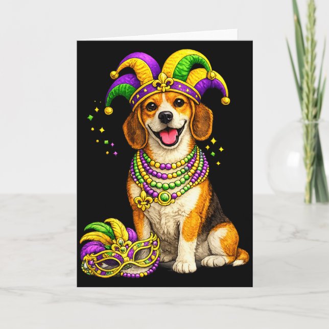 Cute Mardi Gras Themed Beagle Dog  Card (Front)