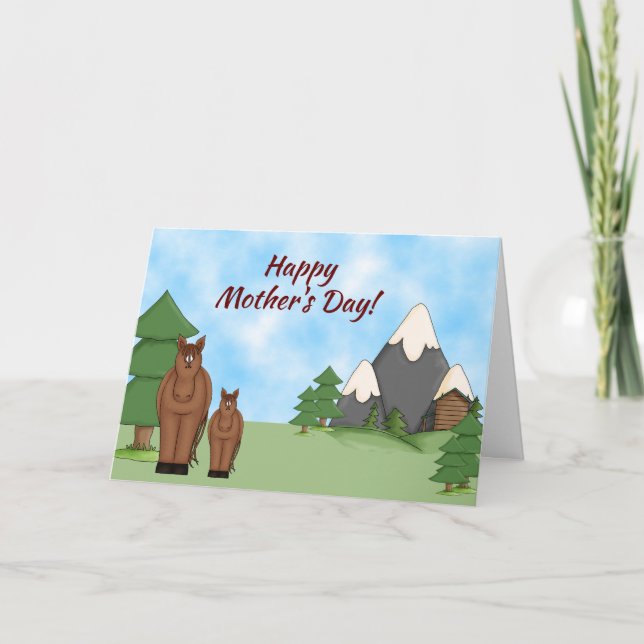 Cute Mare, Foal and Mountains Mother's Day Horse Card (Front)