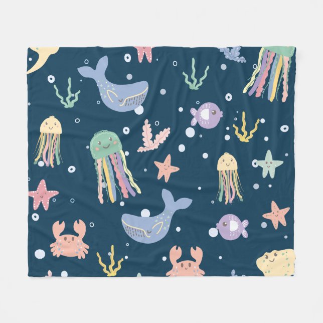 Cute Marine Life Seamless Pattern Fleece Blanket (Front (Horizontal))