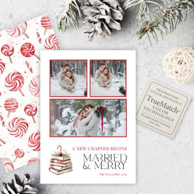 Cute Married & Merry Red Candy Cane 3 Photo Holiday Card (Creator Uploaded)