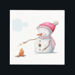 Cute Marshmallows Snowman Winter Napkin<br><div class="desc">Minimalist party napkins with illustration of a snowman roasting marshmallows.  Illustrated and designed by Patricia Alvarez.</div>