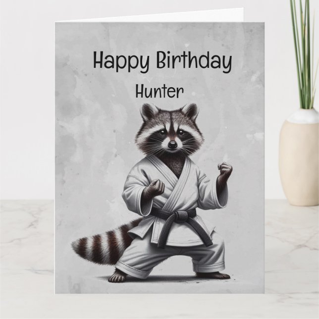 Cute Martial Arts Racoon Custom Birthday Card (Front)