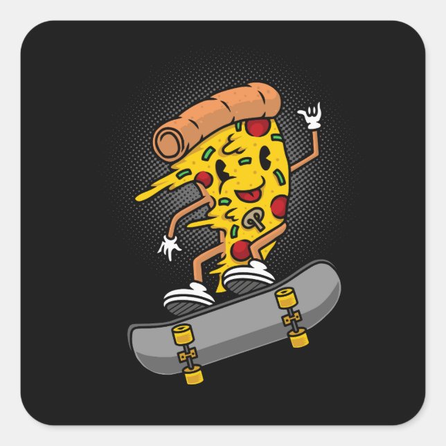 cute mascot pizza skateboarding illustration square sticker (Front)