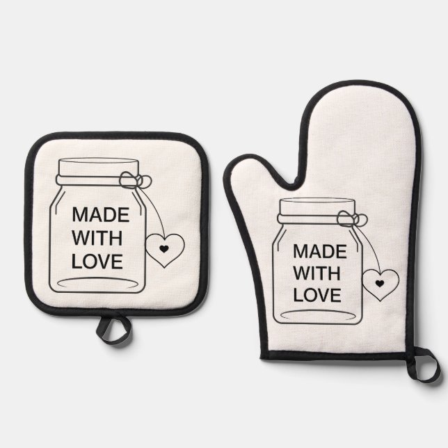 Cute Mason Jar Made with Love Kitchen Oven Mitt & Pot Holder Set (Front)