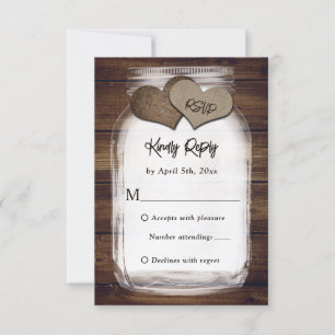 Cute Mason Jar Wood Burlap Hearts Rustic Wedding RSVP Card